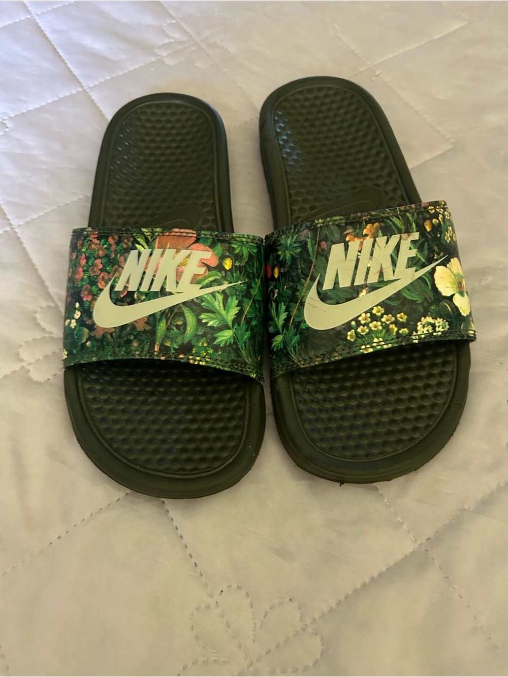 Nike Green Floral Print Slide Sandals